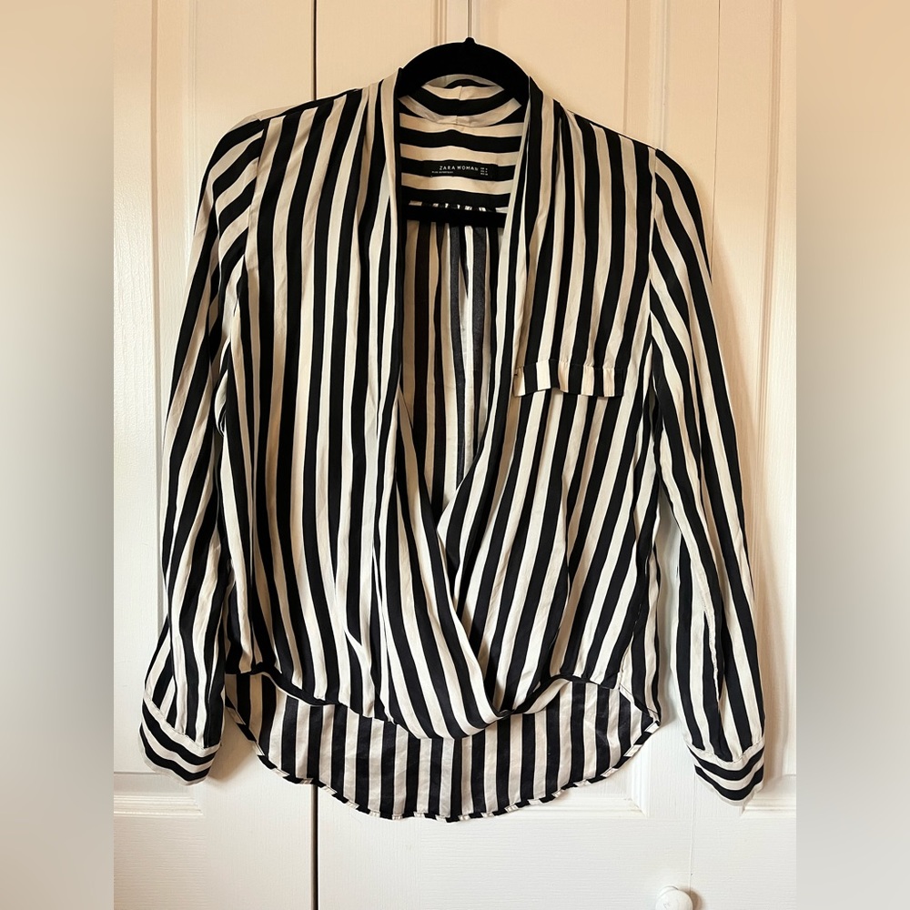 Zara black and white silk stripe shirt